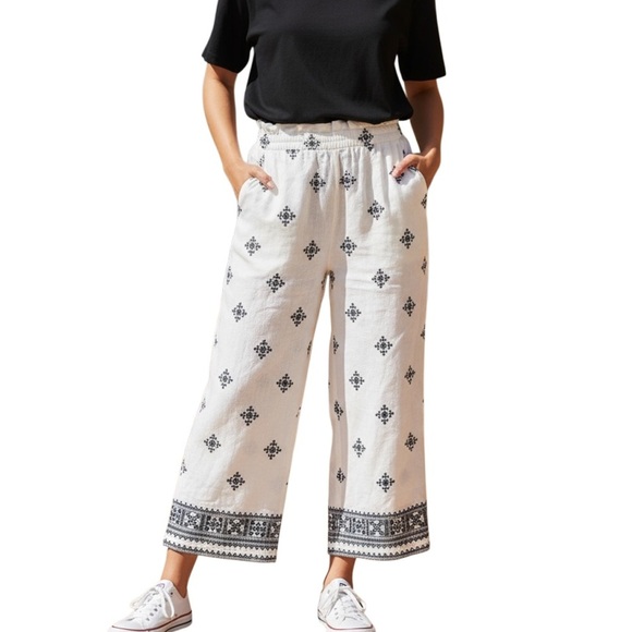 HOUSE OF HARLOW 1960 Embroidered Linen Blend palazzo Elastic Waist Pants - Picture 1 of 13